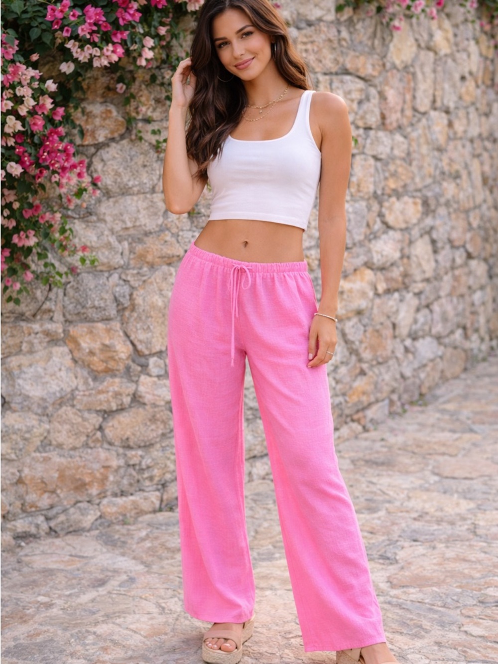 Hot Pink Cotton Drawstring Wide Leg Pants Casual Lounge